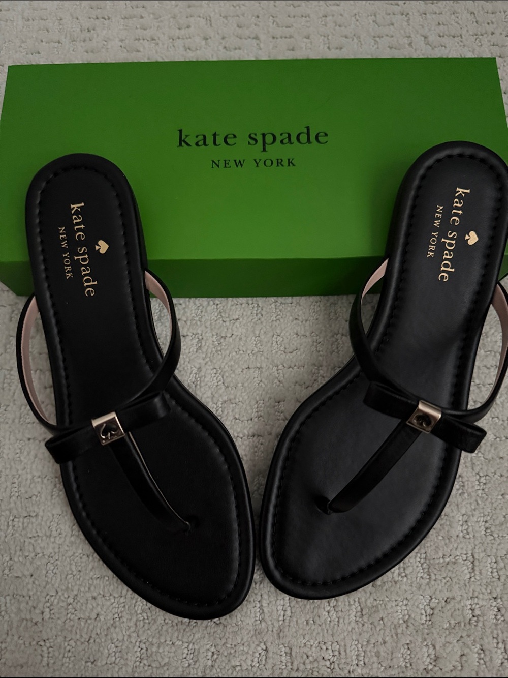 kate spade Black Bow T-Strap Sandals with Gold Accent